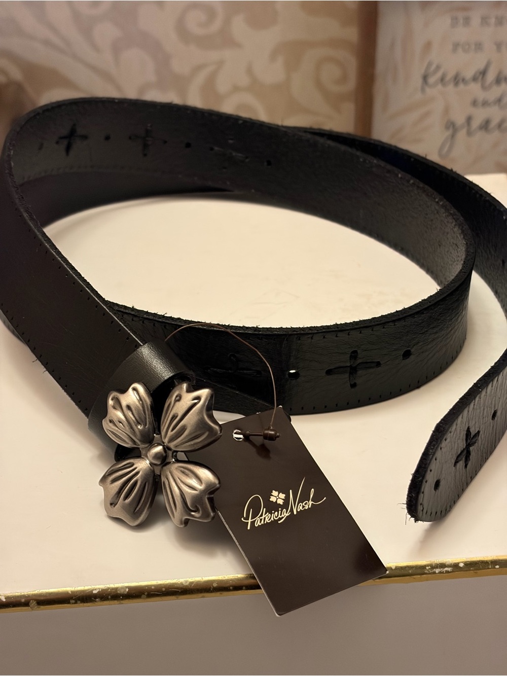 Patricia Nash Black Leather Belt with Sculpted Flower Buckle